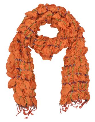 Šátek, hedvábí, prošívaný gumičkou-čtverce, třásně, oranžový 20*160cm