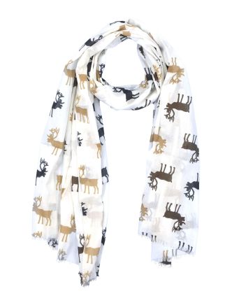 Šátek s motivem jelenů, bílý, bavlněný, 175x70cm