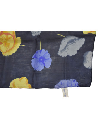 Hedvábný šál s motivem květin, tmavě modrý 180x35cm