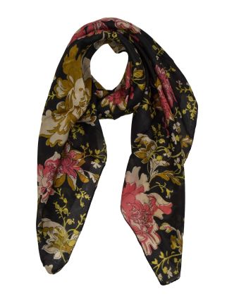 Šátek z hedvábí, čtverec, potisk květin, černý, 100x100cm