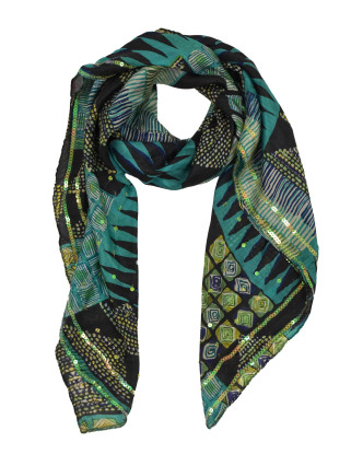Šátek z hedvábí, čtverec, zeleno-černý, potisk, našité flitry 100x100cm