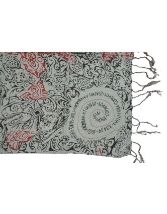 Šátek z viskózy, šedý s černo-červeným potiskem, třásně, 70x180 cm