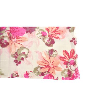 Šátek z viskózy, bílý s potiskem růžových květin, 70x180 cm