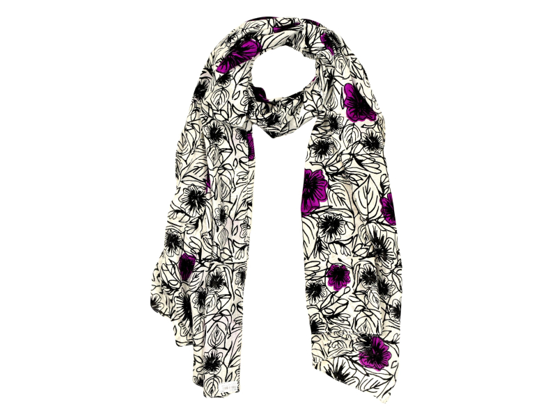 Šátek z viskózy, bílý s fialovo-černým potiskem květin , 70x180 cm
