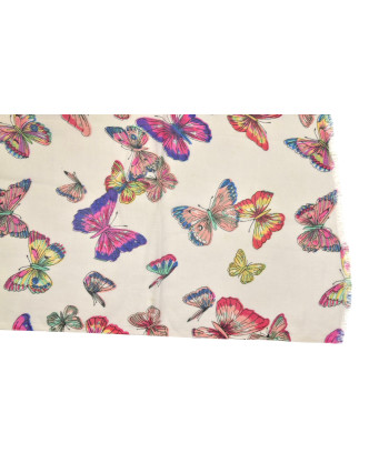 Šátek z viskózy, bílý s barevným potiskem motýlů, 75x180 cm