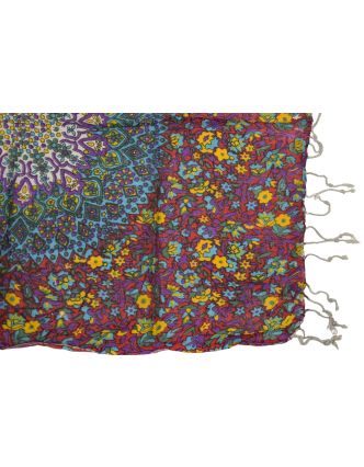 Šátek z viskózy, barevný s potiskem květin a mandal, třásně, 70x180 cm