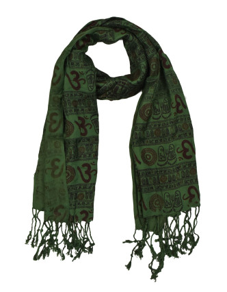 Šátek z viskózy, tmavě zelený s černo-červeným potiskem Óm, třásně, 70x180 cm