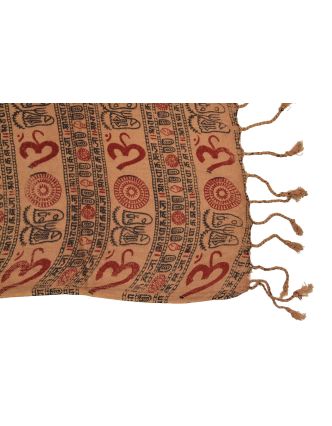 Šátek z viskózy, hnědý s černo-červeným potiskem Óm, třásně, 70x180 cm