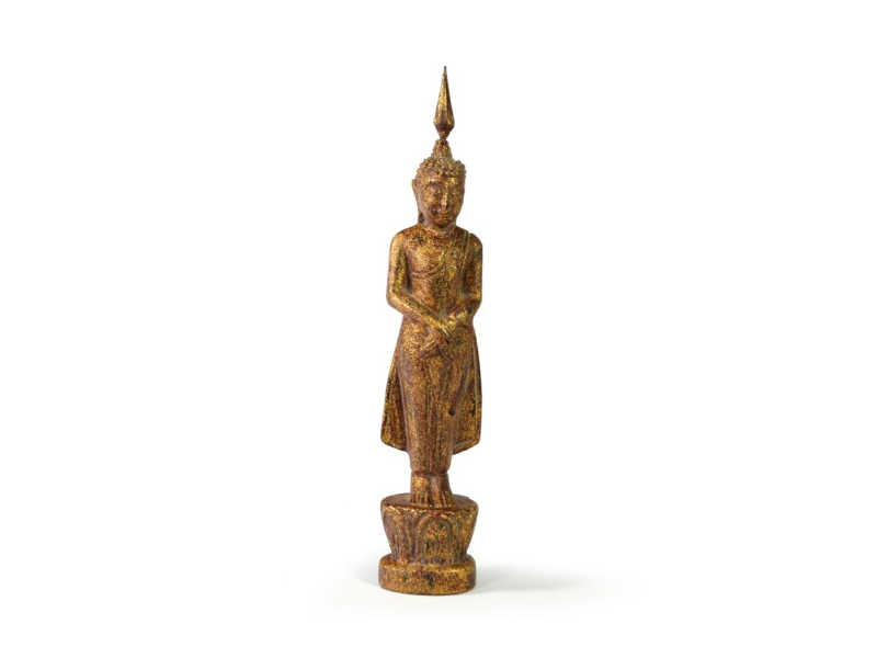 Narozeninový Buddha, neděle, teak, hnědá patina, 23cm