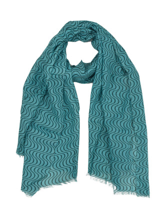 Šátek z bavlny, modrý s potiskem vlnek, 70x180cm