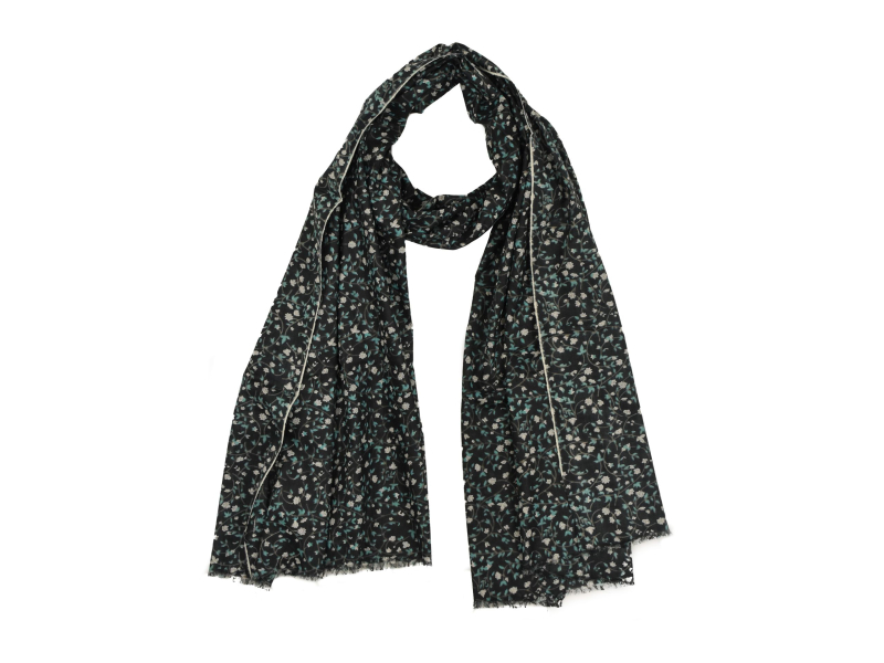 Šátek z bavlny, černý s potiskem drobných květin, 70x180cm