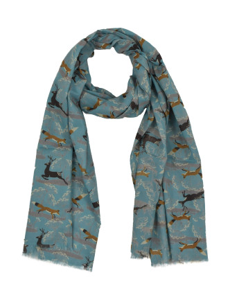 Šátek z bavlny, modrý s potiskem jelenů a lišek, 70x180cm