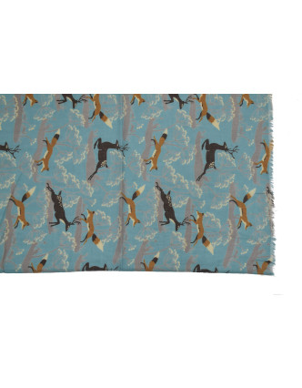 Šátek z bavlny, modrý s potiskem jelenů a lišek, 70x180cm
