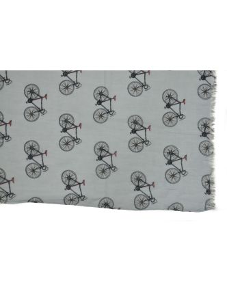Šátek z bavlny, světle šedý s potiskem bicyklů, 70x180cm