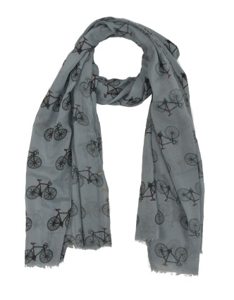 Šátek z bavlny, tmavě šedý s potiskem bicyklů, 70x180cm