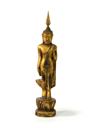 Narozeninový Buddha, pondělí, teak, zlatá patina, 23cm