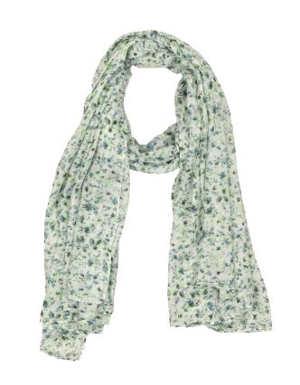 Šátek, bílý s drobným zeleno-šedým potiskem květin, 110x170 cm