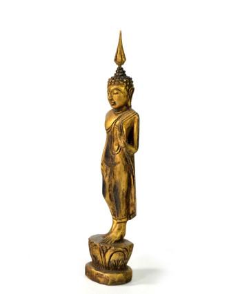 Narozeninový Buddha, pondělí, teak, zlatá patina, 23cm