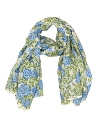 Šátek, bílý se zeleno-modrým potiskem květin, 110x160 cm