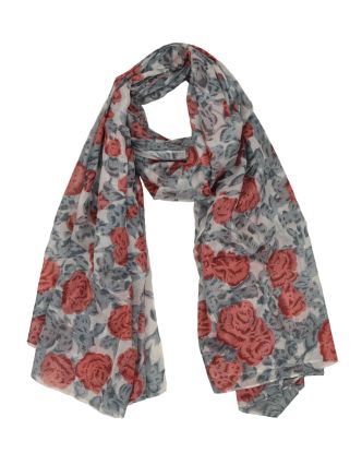 Šátek z viskózy, bílý se šedo-červeným potiskem květin, 110x160 cm