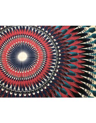 Velký šátek, béžovo-červeno-modrý, velká Mandala, 110x174 cm