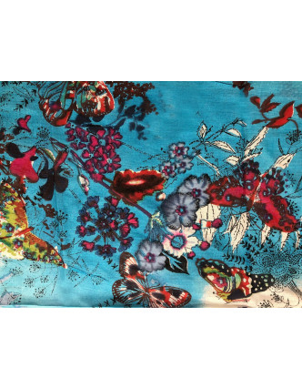 Šátek z viskózy, tyrkysový s barevným potiskem květin a motýlů, 115x180cm