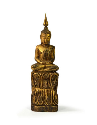 Narozeninový Buddha, čtvrtek, teak, zlatá patina, 23cm