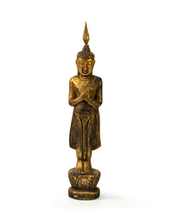 Narozeninový Buddha, pátek, teak, zlatá patina, 23cm