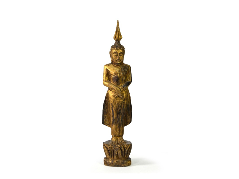 Narozeninový Buddha, neděla, teak, zlatá patina, 23cm
