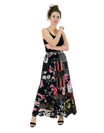 Dlouhá patchworková sukně, černá, barevný potisk, guma v pase, délka cca 103cm