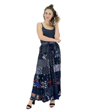 Dlouhá patchworková sukně, modrá, barevný potisk, guma v pase, délka cca 106cm