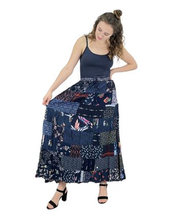 Dlouhá patchworková sukně, modrá, barevný potisk, guma v pase, délka cca 103cm