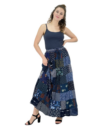 Dlouhá patchworková sukně, modrá, barevný potisk, guma v pase, délka cca 103cm