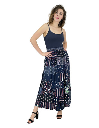 Dlouhá patchworková sukně, barevný potisk, modrá, guma v pase, délka cca 100cm