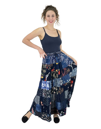 Dlouhá patchworková sukně, modrá, barevný potisk, guma v pase, délka cca 102cm