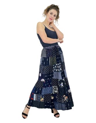 Dlouhá modrá patchworková sukně, barevný potisk, guma v pase, délka cca 100cm
