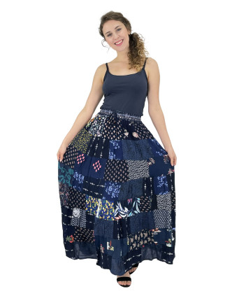 Dlouhá patchworková sukně, modrá, barevný potisk, guma v pase, délka cca 102cm