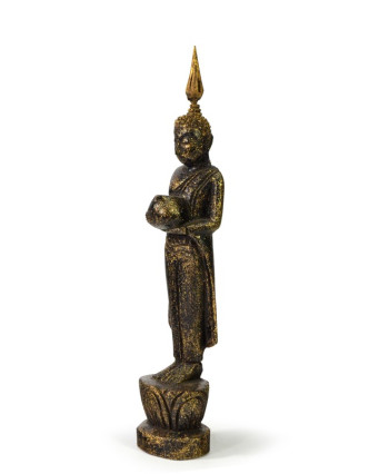 Narozeninový Buddha, středa, teak, černo-zlatá patina, 23cm