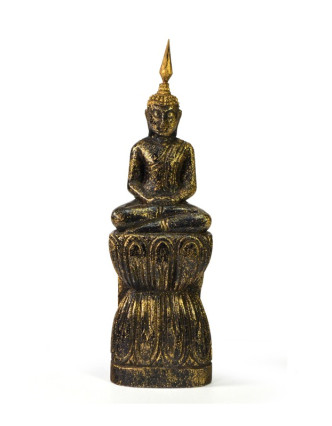Narozeninový Buddha, čtvrtek, teak, černo-zlatá patina, 23cm