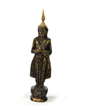 Narozeninový Buddha, pátek, teak, černo-zlatá patina, 23cm