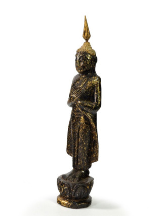 Narozeninový Buddha, pátek, teak, černo-zlatá patina, 23cm