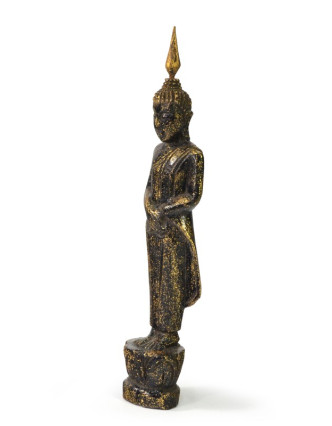 Narozeninový Buddha, neděle, teak, černo-zlatá patina, 23cm