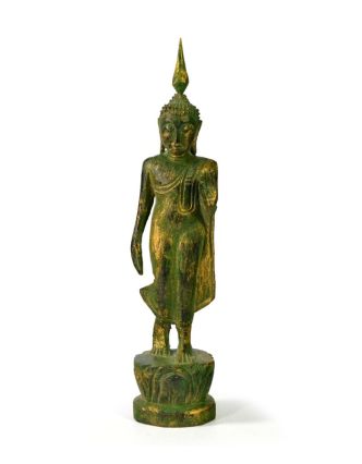 Narozeninový Buddha, pondělí, teak, zelená patina, 23cm