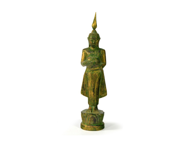 Narozeninový Buddha, středa, teak, zelená patina, 23cm