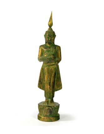 Narozeninový Buddha, středa, teak, zelená patina, 23cm
