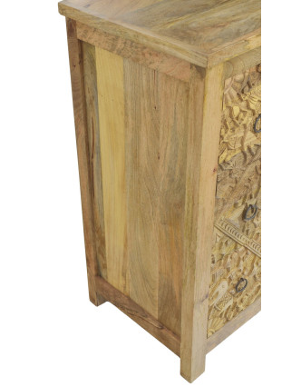 Komoda z mangového dřeva, ručně vyřezávané šuplíky, přírodní barva, 83x43x90cm
