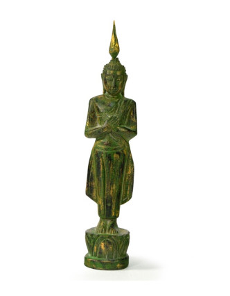 Narozeninový Buddha, pátek, teak, zelená patina, 23cm