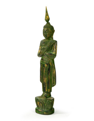 Narozeninový Buddha, pátek, teak, zelená patina, 23cm