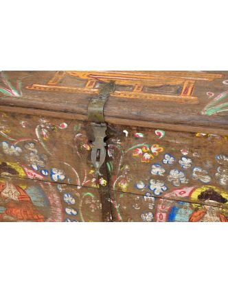 Stará truhla z teakového dřeva, ručně malovaná, zdobená kováním, 118x62x72cm