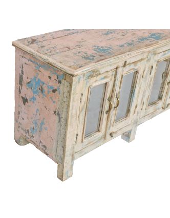 Prosklená skříňka z teakového dřeva, růžovo tyrkysová patina, 177x45x63cm